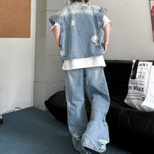 Load image into Gallery viewer, Distressed Collar Loose Denim Vest and Ripped Denim Trousers Suit
