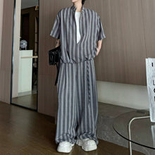 Load image into Gallery viewer, Striped Faux Two-Piece Shirt Wide-Leg Pants Two-piece Set
