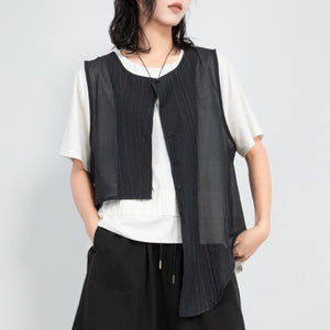 Round Neck Irregular Cotton and Linen Slit Vest