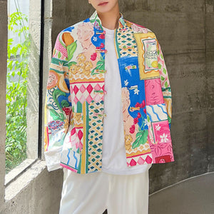 Stand-collar Disc-button Floral Jacket