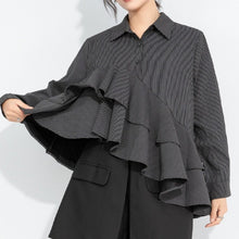 Load image into Gallery viewer, Women's Asymmetrical Double Layer Ruffle Hem Striped Shirt
