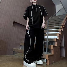 Load image into Gallery viewer, American Style Stand-up Collar Contrast Color T-shirt Zipper Wide-leg Trousers Two-piece Suit
