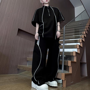 American Style Stand-up Collar Contrast Color T-shirt Zipper Wide-leg Trousers Two-piece Suit