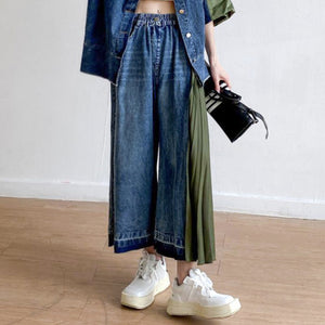 Vintage Contrast Panel Pleated Jeans