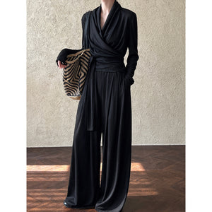 Irregular One-shoulder Waisted Pleated Top Wide-leg Pants Two-piece Set
