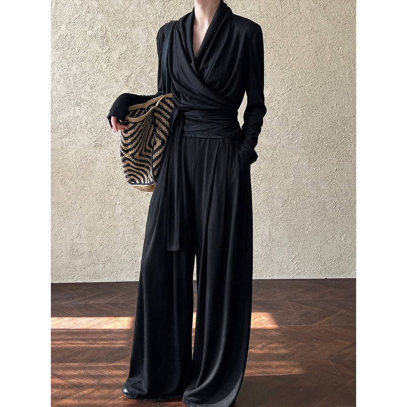 Irregular One-shoulder Waisted Pleated Top Wide-leg Pants Two-piece Set