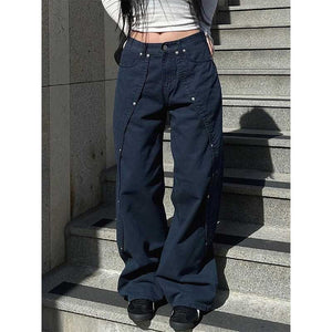 Vintage Rivet Stitching Denim Loose Straight Wide-leg Pants