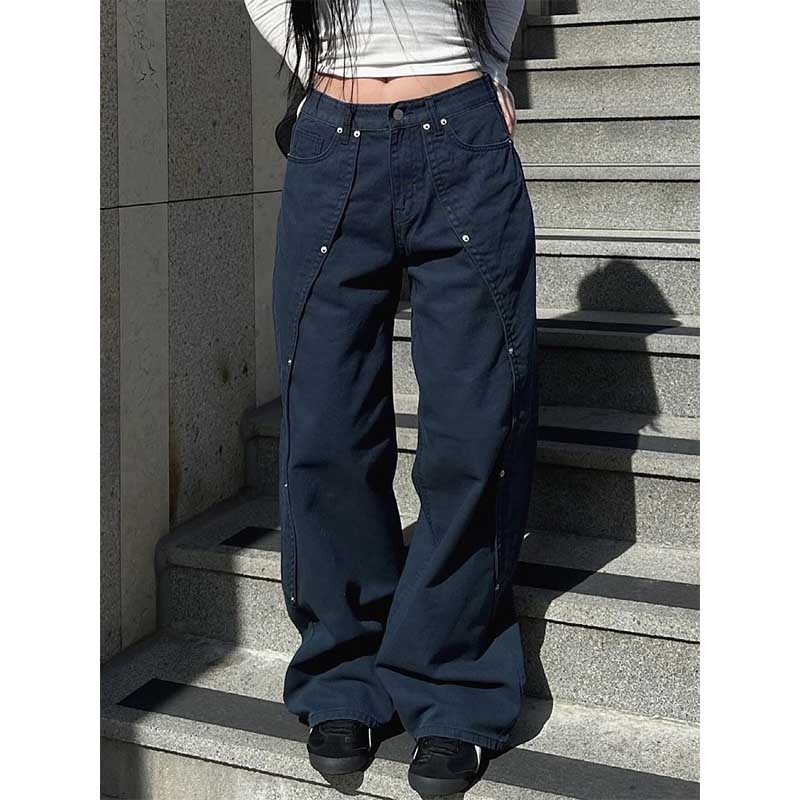 Vintage Rivet Stitching Denim Loose Straight Wide-leg Pants