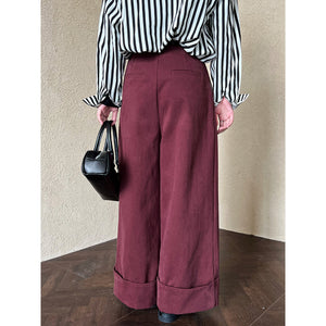 Cuffed Wide-leg Cotton High-rise Straight-leg Trousers