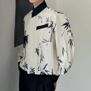 Cross-neck Lace-up Bamboo Print Long-sleeved Shirt