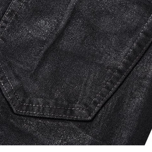 Dark Waxed Coated Ribbon Slightly Flared Mopping Stacked Denim Trousers