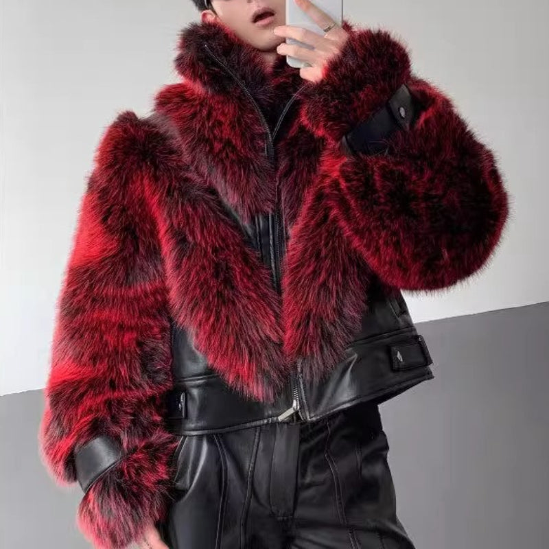 Stage Party Patchwork Leather Warm Faux Fur Coat