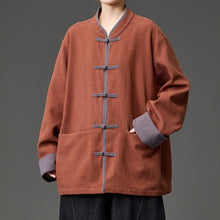 Load image into Gallery viewer, Fleece Lined Contrast Collar Frog Button Hanfu Cardigan
