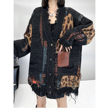 Load image into Gallery viewer, Women's Leopard Print V Neck Loose Raw Hem Cardigan Sweater
