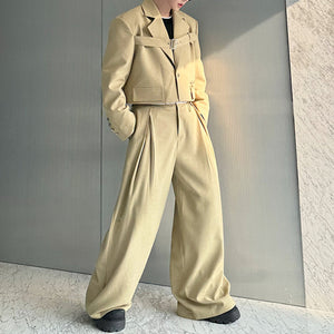 Deconstructed Lace-Up Cropped Blazer Contrast Leather Drawstring Casual Wide-Leg Pants Two-Piece Set