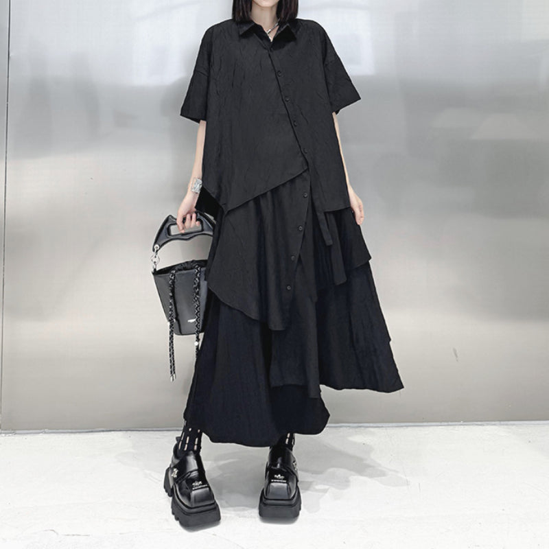 Irregular Loose Solid Color Shirt Elastic Waist Skirt