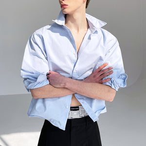 Blue Cotton Bent Shape Slim Fit Short Shirt