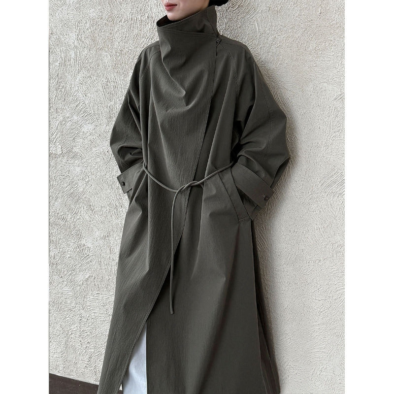 Stand-up Collar Retro Belted Mid-length Loose Coat