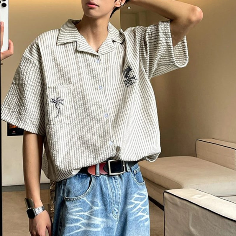 Vintage Embroidered Striped Short Sleeve Shirt