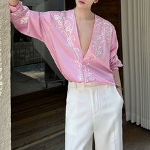 Load image into Gallery viewer, Heavy Embroidery V-neck Draped Ice Silk Shirt
