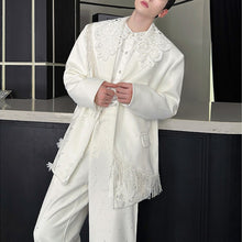 Load image into Gallery viewer, Tassels Floral Padded-shoulder White Blazer

