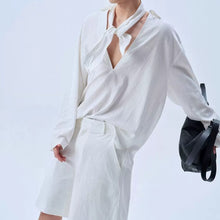 Load image into Gallery viewer, Deep V Neck Oversized Draped Tie Neck Shirt
