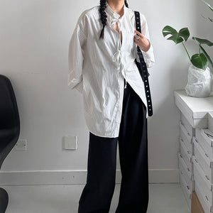 Deconstructed Drawstring Vertical Striped Loose Casual Shirt