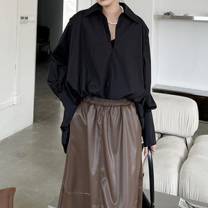 V-neck Irregular Pleated Long-sleeved Shirt