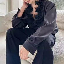 Load image into Gallery viewer, French V-neck Floral-Shaped Collar Vintage Satin Shirt
