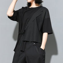 Load image into Gallery viewer, Fake Two-piece Straight Lace-up Striped Patchwork T-shirt
