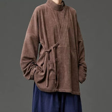 Load image into Gallery viewer, Corduroy Curved Collar Diagonal Placket Loose Hanfu Cardigan
