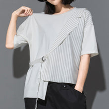 Load image into Gallery viewer, Fake Two-piece Straight Lace-up Striped Patchwork T-shirt
