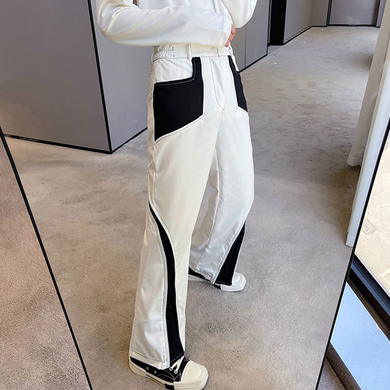 Contrasting Color Zipper Slit Slacks