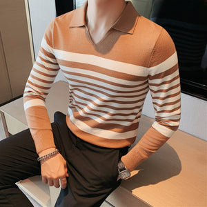 Striped Long-sleeve Knitted Polo Shirt