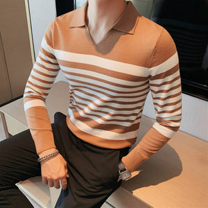 Striped Long-sleeve Knitted Polo Shirt
