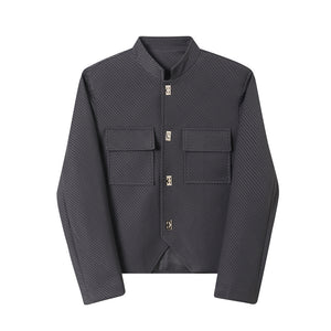 Striped Ruching Single Breasted Stand Collar Jacket