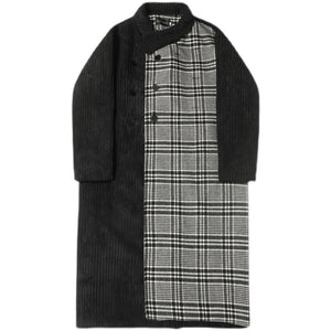 Corduroy Plaid Long Over-the-Knee Trench Coat