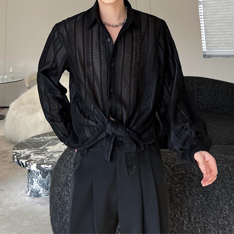 Retro Hollow Half Perspective Solid Color Spring Shirt