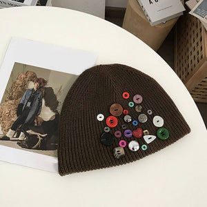 Irregular Button Trim Knitted Hat