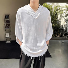 Load image into Gallery viewer, Tassels Raw Edge V Neck Half Sleeves T-Shirt
