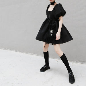 Lace-up Puff-sleeve High-waist Dress