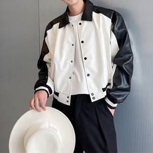 Black and White Contrast PU Leather Short Jacket