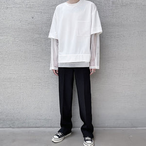 Thin Mesh Panel Crew Neck Long Sleeve T-Shirt