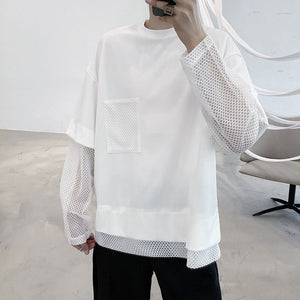 Thin Mesh Panel Crew Neck Long Sleeve T-Shirt