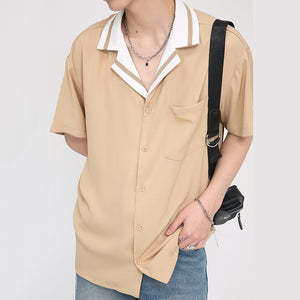 Contrast Striped Lapel Short Sleeve Shirt