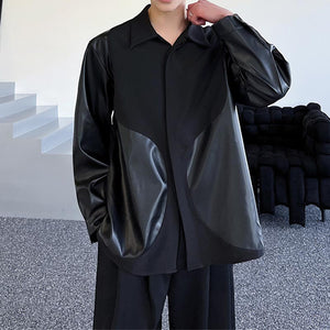 Simple Stitching PU Leather Long Sleeve Shirt