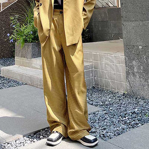 Retro Khaki Check Simple Blazer And Pant Set