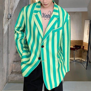 Green Colorblock Striped Casual Blazer