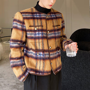 Round Neck Plaid Single Breasted Coat