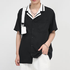 Contrast Striped Lapel Short Sleeve Shirt